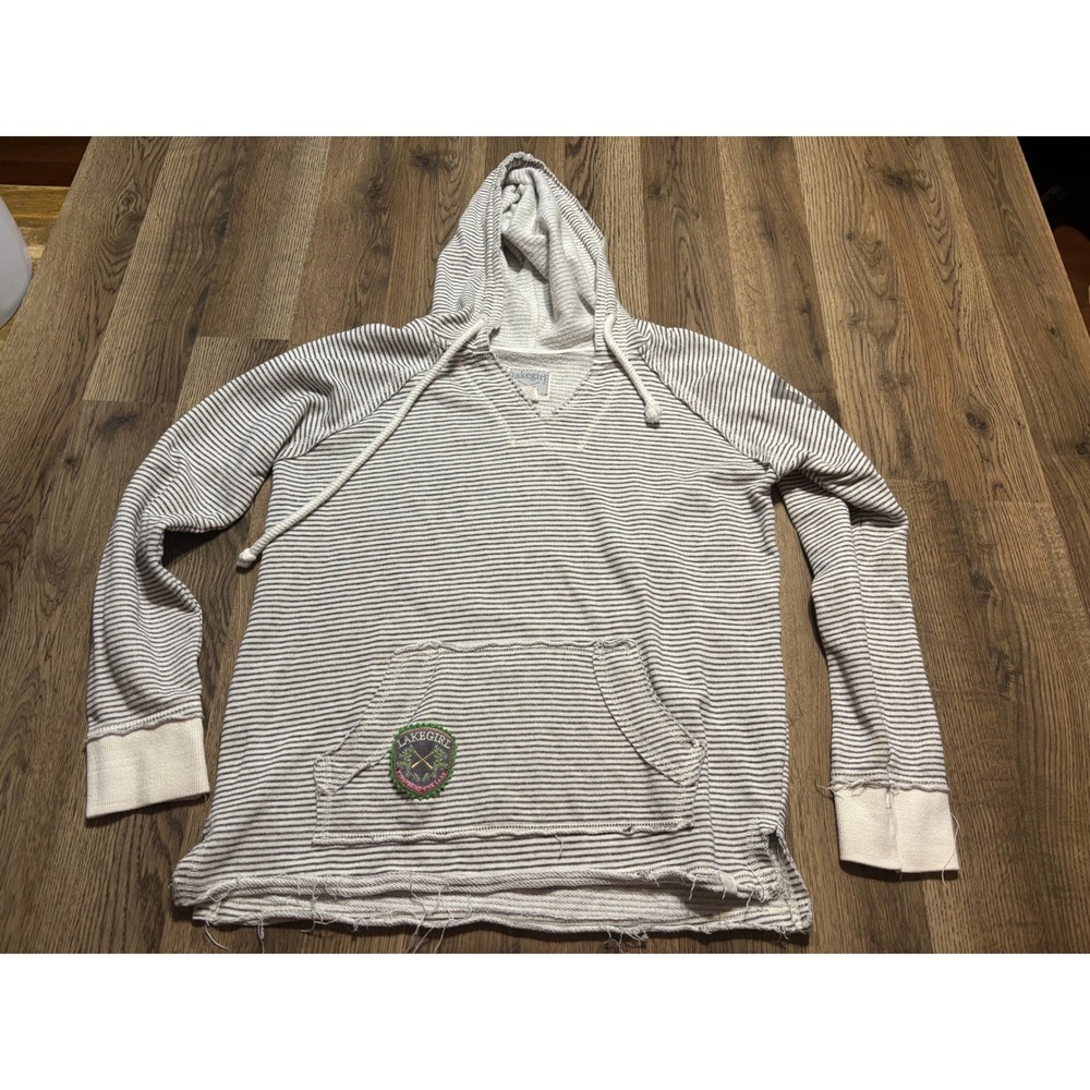 Lakegirl Hoodie Womens Medium Gray Striped Pullover Sweatshirt Raw Hem Good